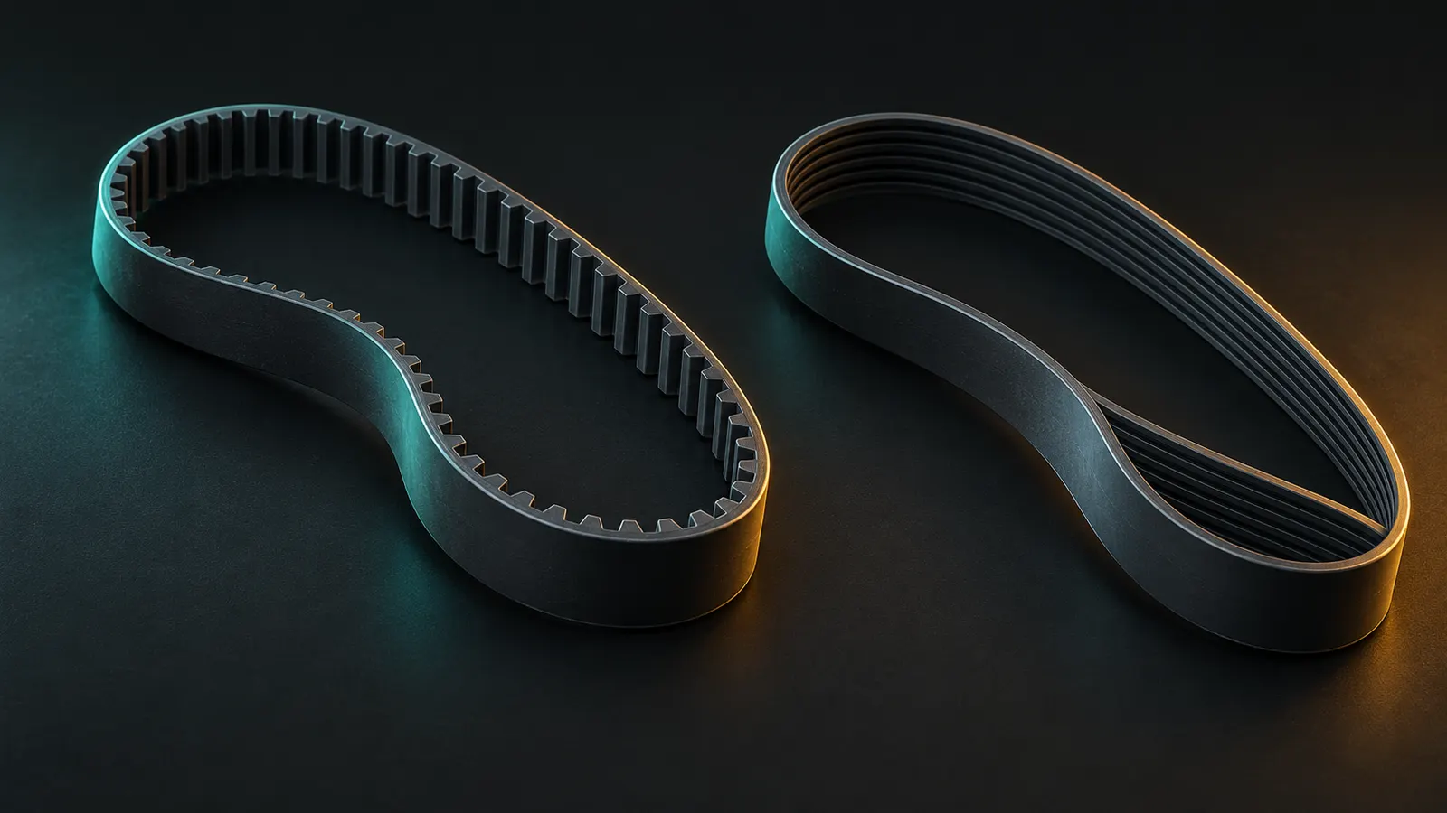 Illustration comparing a timing belt (left, square teeth across the inside, smooth back) with a serpentine belt (right, thin ribs running lengthwise along the inside, smooth back).