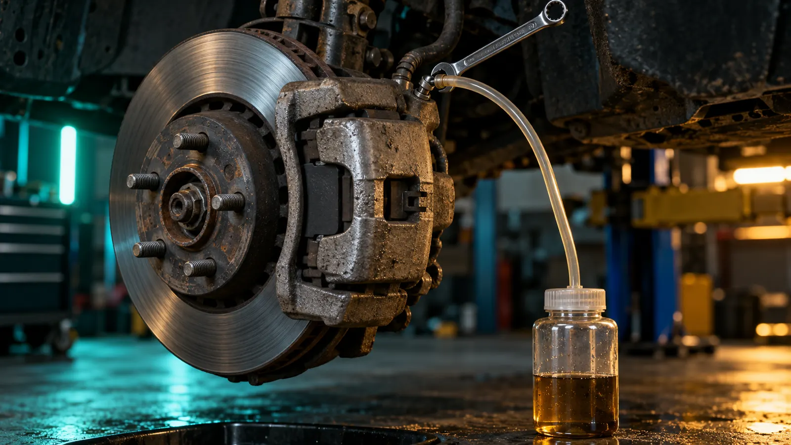 Illustration of a disc brake caliper with clear tubing on its bleeder screw, draining old brownish fluid into a small catch bottle.