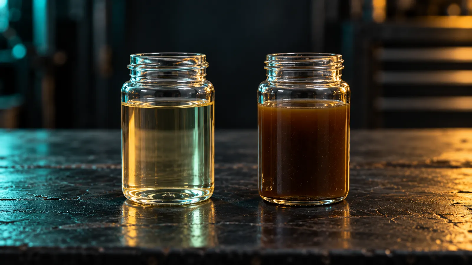 Illustration of two glass jars side by side: clear, light-amber fresh brake fluid on the left and dark brown used brake fluid on the right.