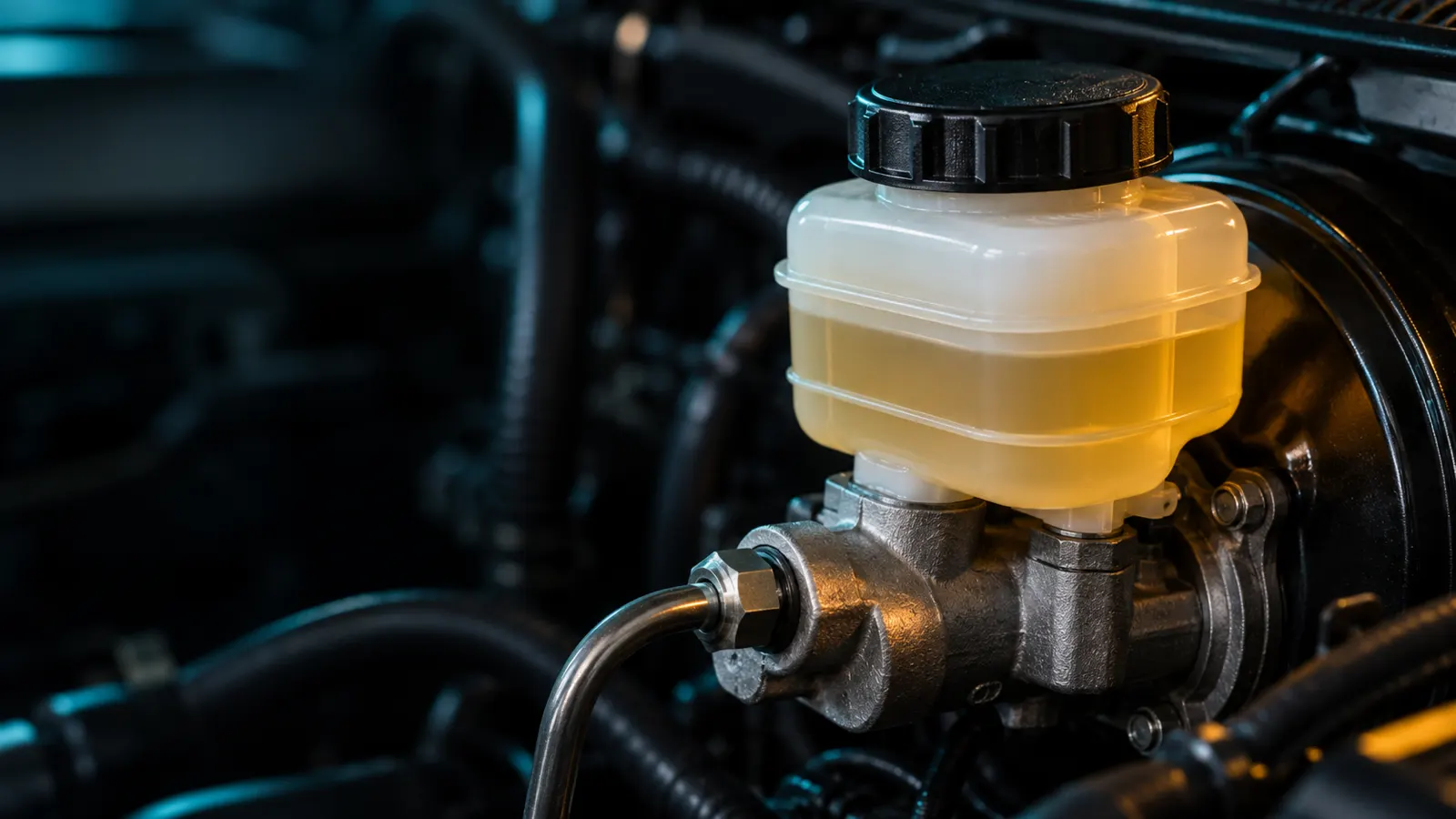 A translucent brake fluid reservoir with light-amber fluid on top of the brake master cylinder in a car engine bay.