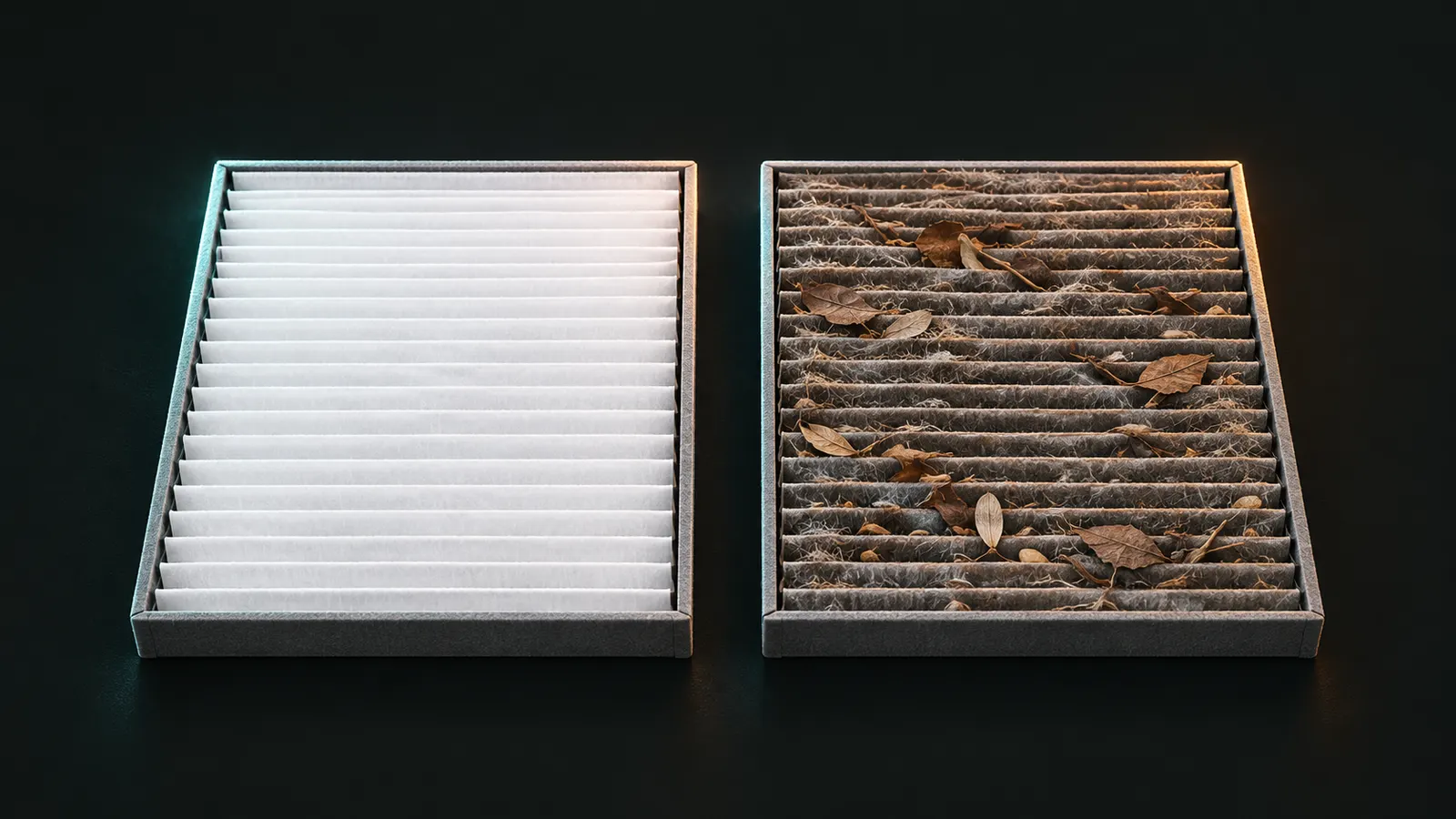 Illustration of a new white pleated cabin air filter next to a used grey filter clogged with dust and leaf debris.