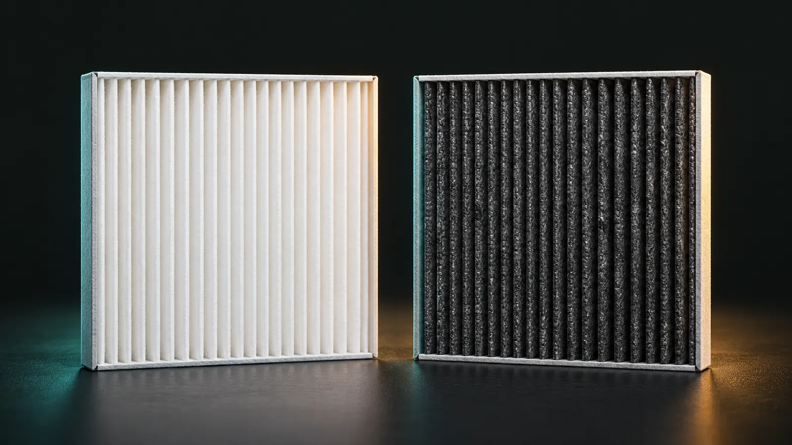 Illustration of two cabin air filters side by side: a white pleated particulate filter and a charcoal-grey activated carbon filter.