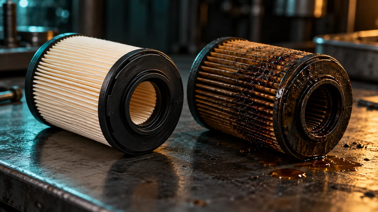 A new cream-coloured pleated diesel fuel filter element next to a used element whose pleats are clogged dark brown with sludge.