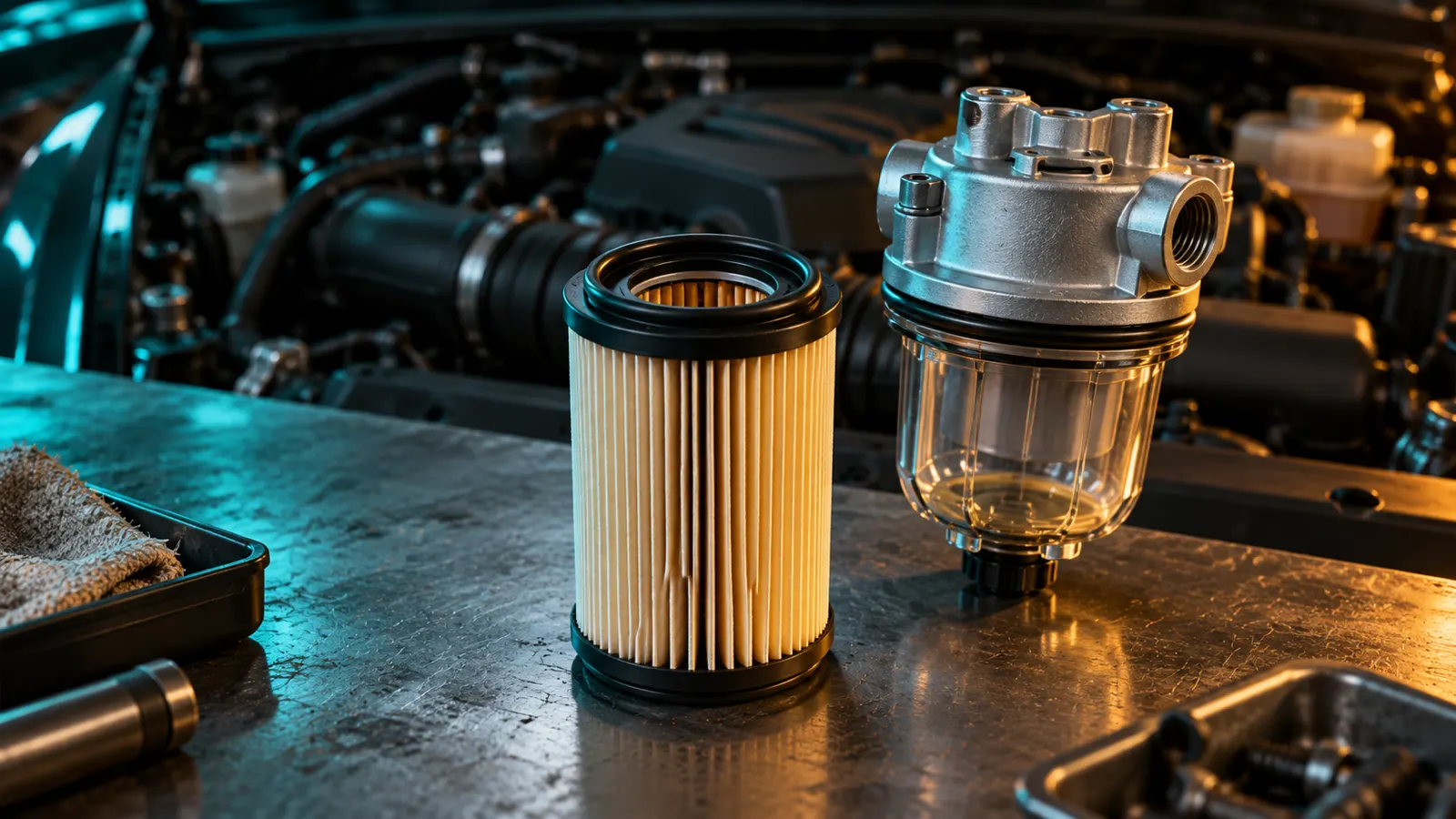 A new pleated diesel fuel filter element on a workbench next to a filter housing with a clear water separator bowl, with a diesel engine bay behind.