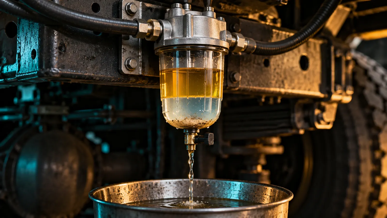 A clear diesel water separator bowl on a truck frame rail, with a layer of water and sediment under amber diesel, draining into a metal pan.