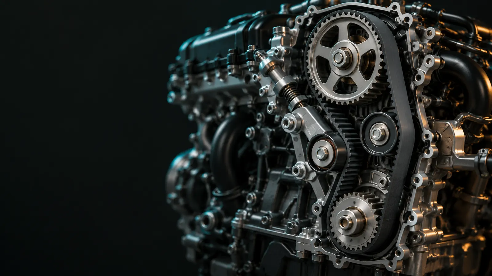 Illustration of a timing belt drive on the front of an engine: a toothed belt wraps the camshaft and crankshaft sprockets, held by a tensioner and an idler pulley.