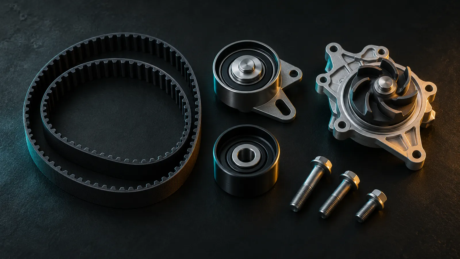Illustration of a timing belt kit laid out on a workbench: a toothed timing belt, a tensioner pulley, an idler pulley, a water pump and bolts.